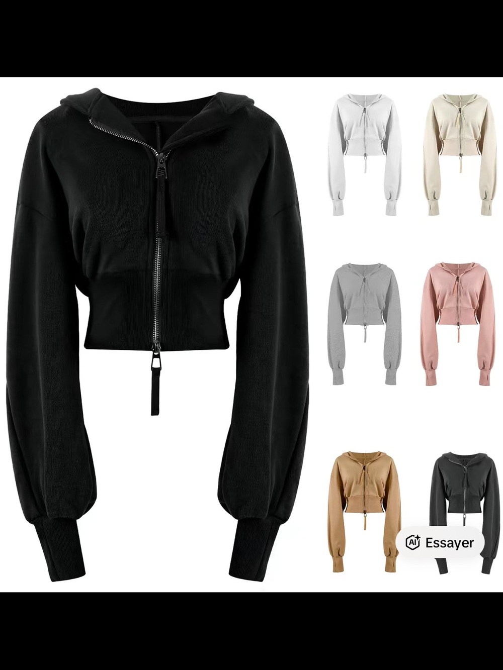 Essayer Black Cropped Zip Hoodie